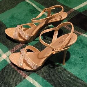WOMENS DEB STILETTO HEELS GOLD GLITTER SIZE 8